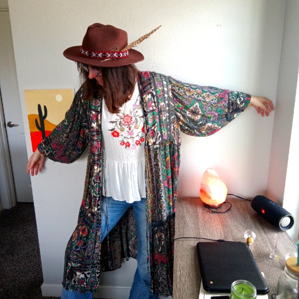 Women's Long Sleeve Lightweight Duster size S Angie Green Bohemian